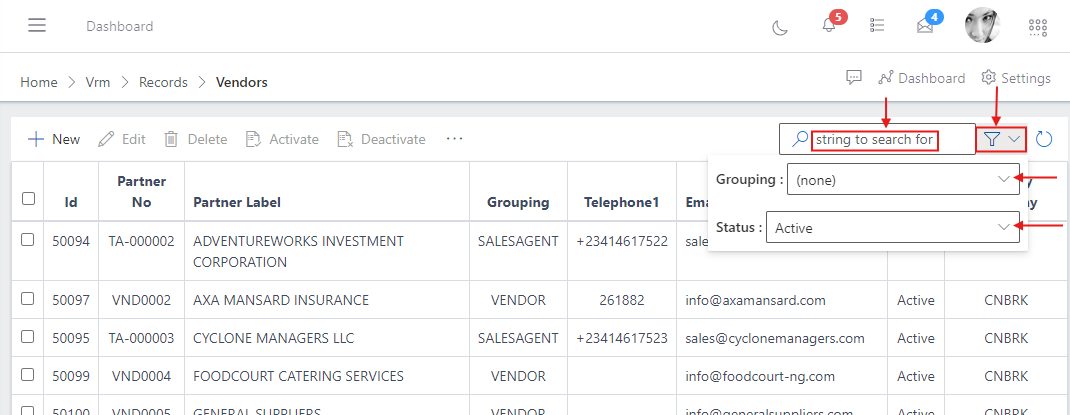 Search and filter menu