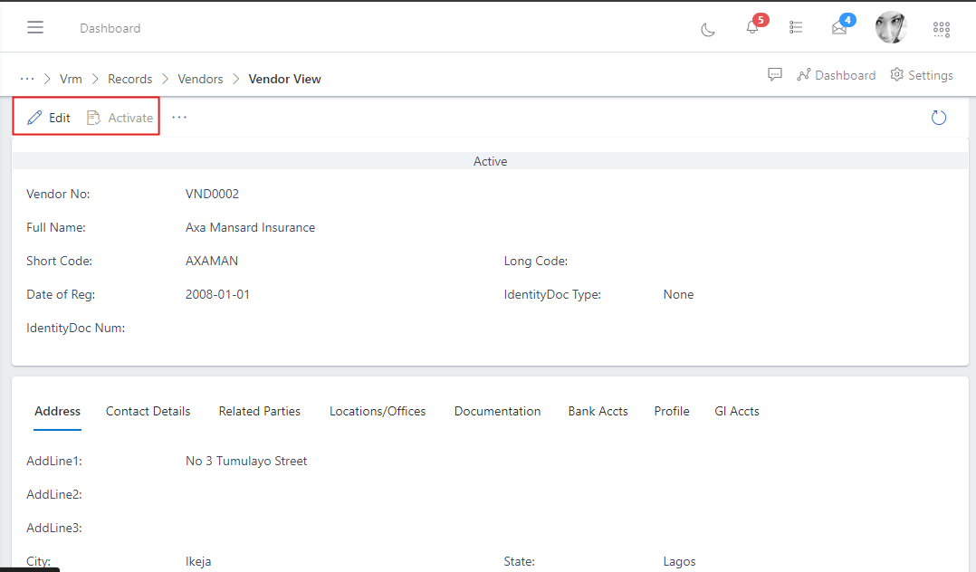 vendor's Information view