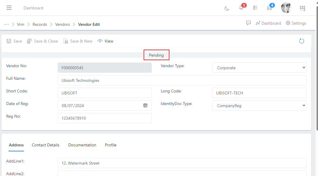 image showing vendor in pending status