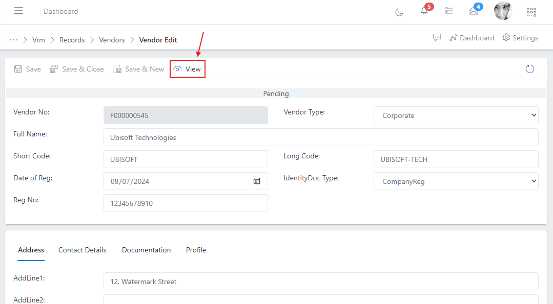 image showing vendor view button