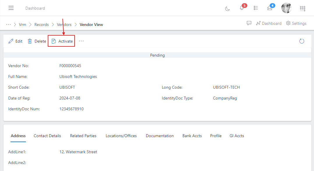 image showing vendor activate button