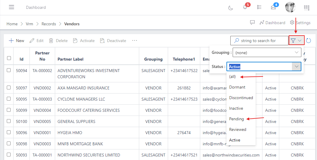 image showing filter options for vendors