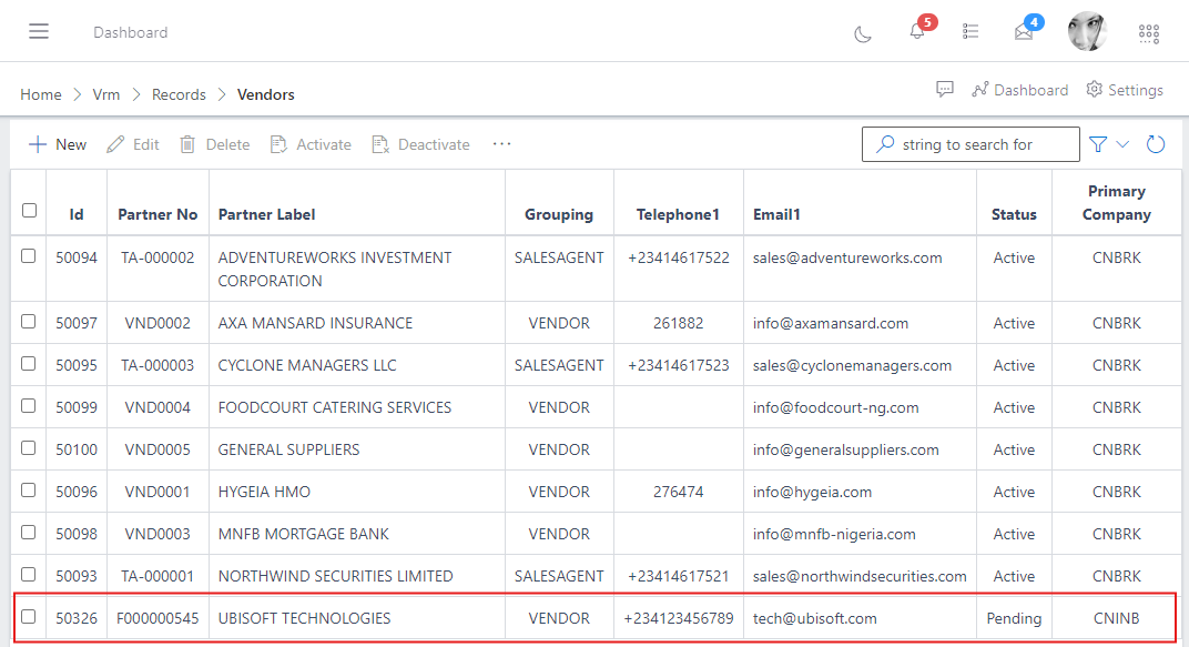 image showing pending vendor highlighted in the vendor's list view