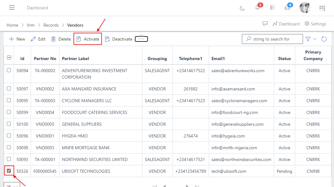 image showing selected vendor and activate button