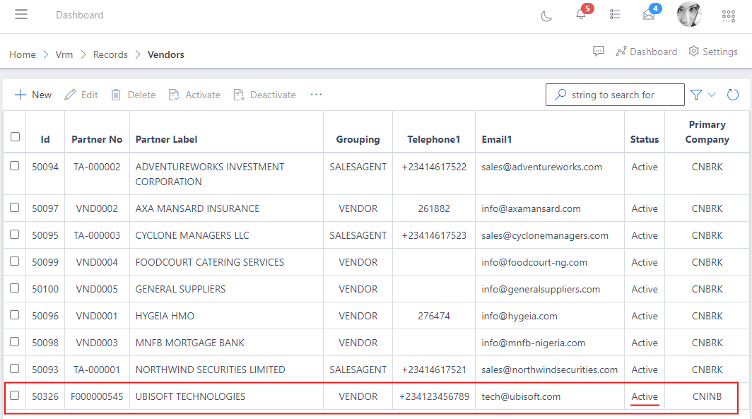image showing highlighted vendor in active status