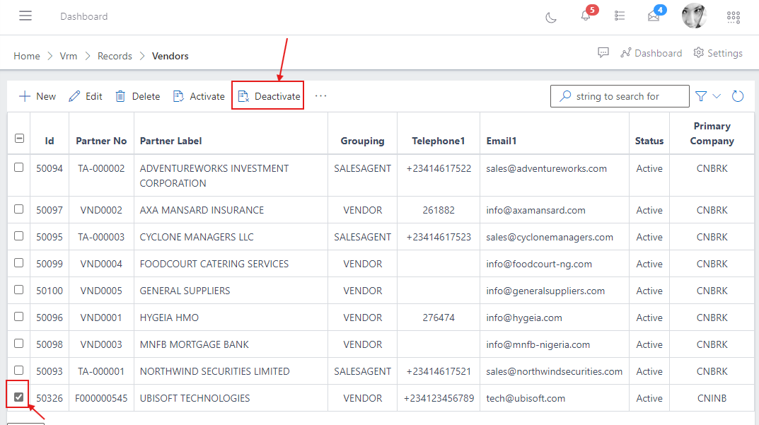 image showing selected vendor to be deactivated