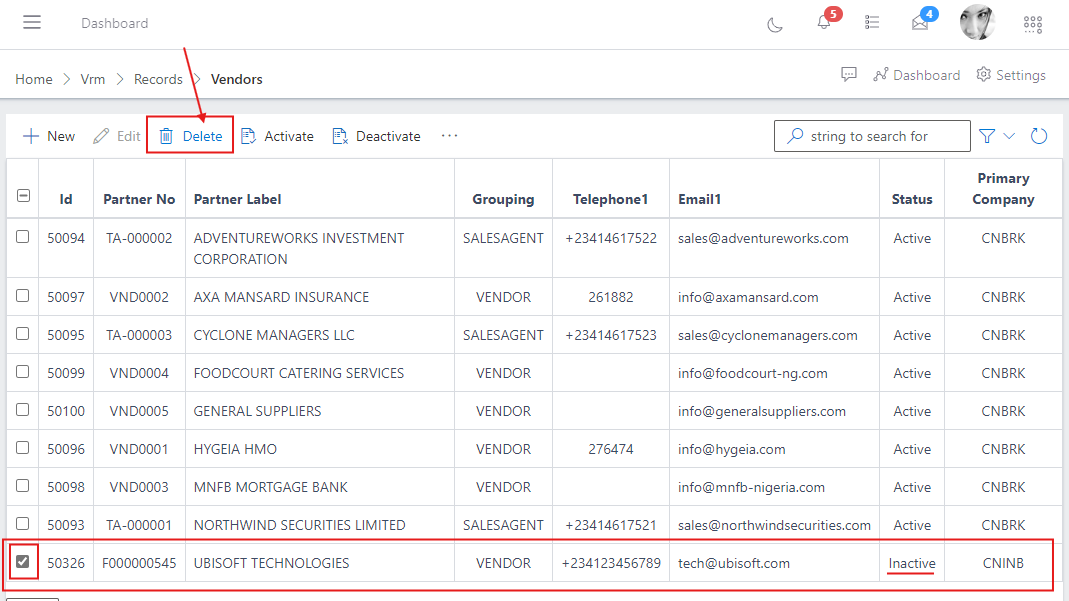 image showing selected vendor to be deleted