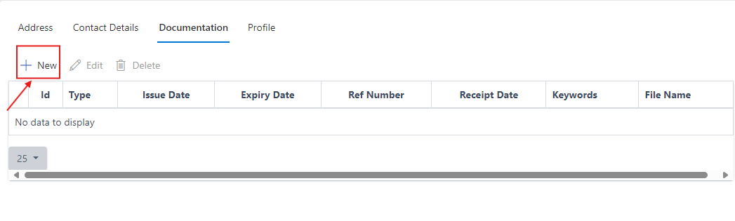 image showing new button to add document