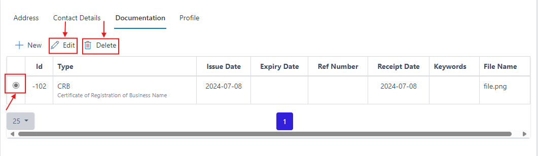 image showing edit and delete buttons for vendor documentation