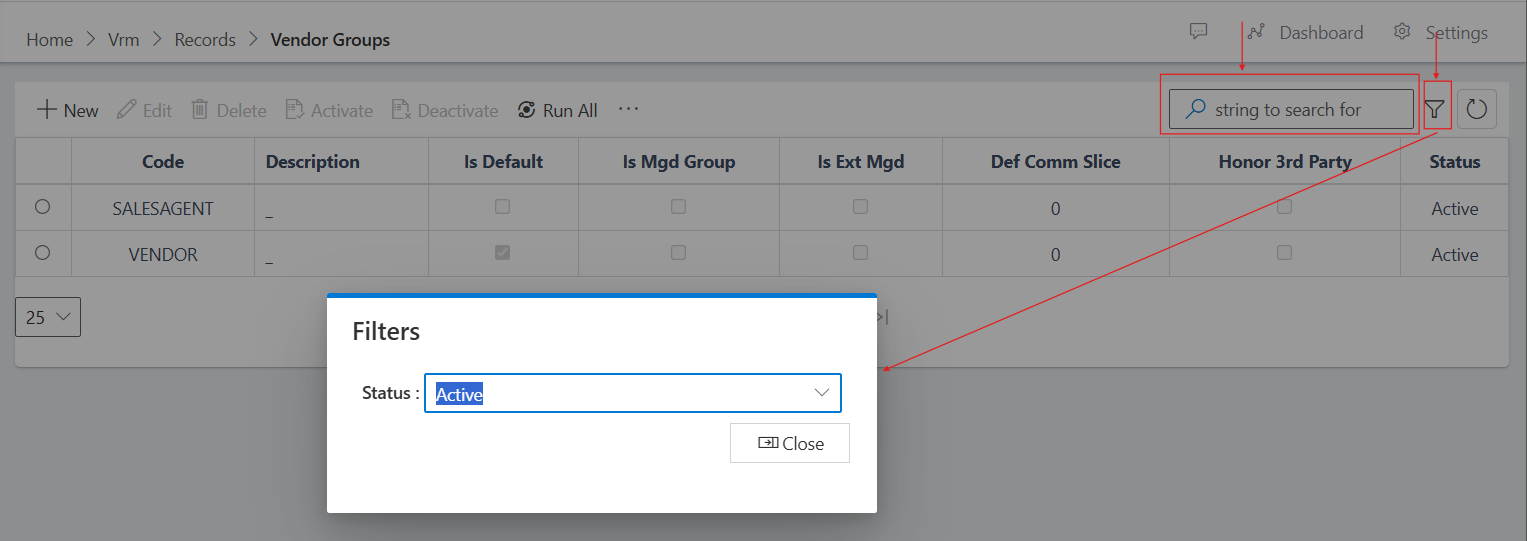 Search and filter menu