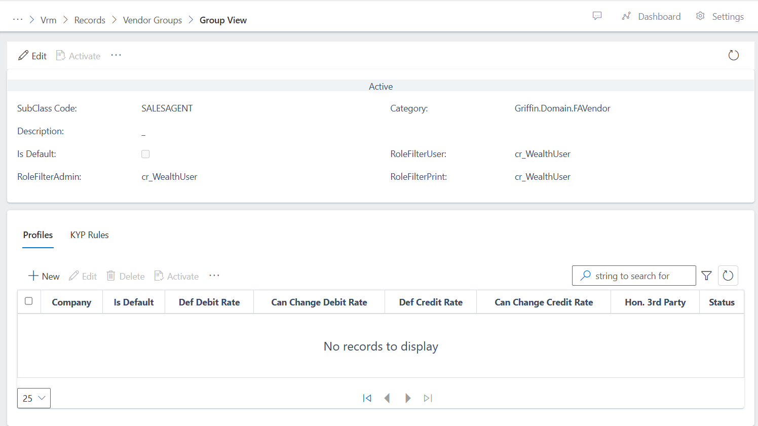 vendor group Information view