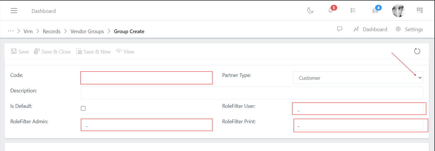 image showing vendor group creation form