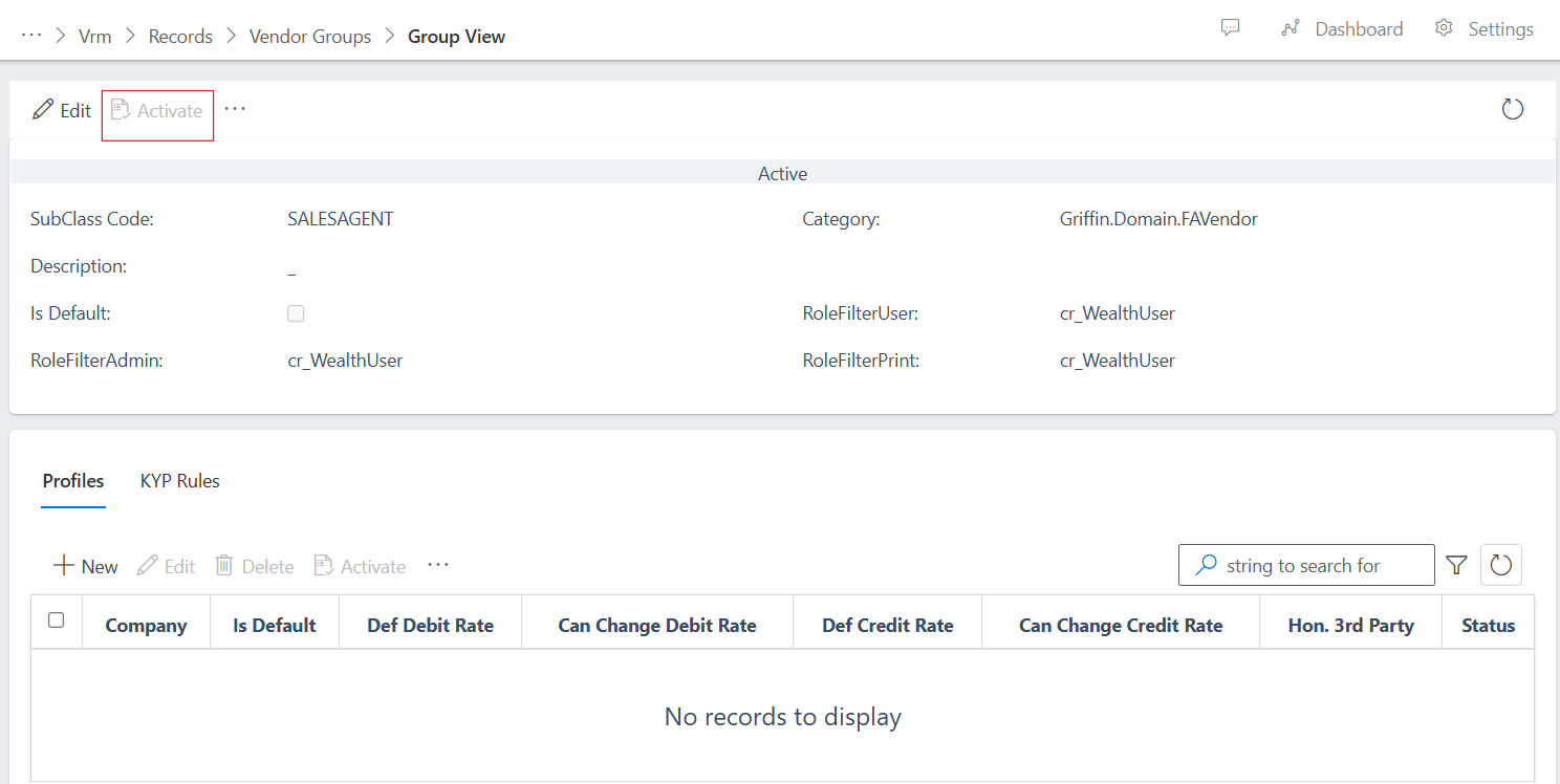 image showing vendor group activate button