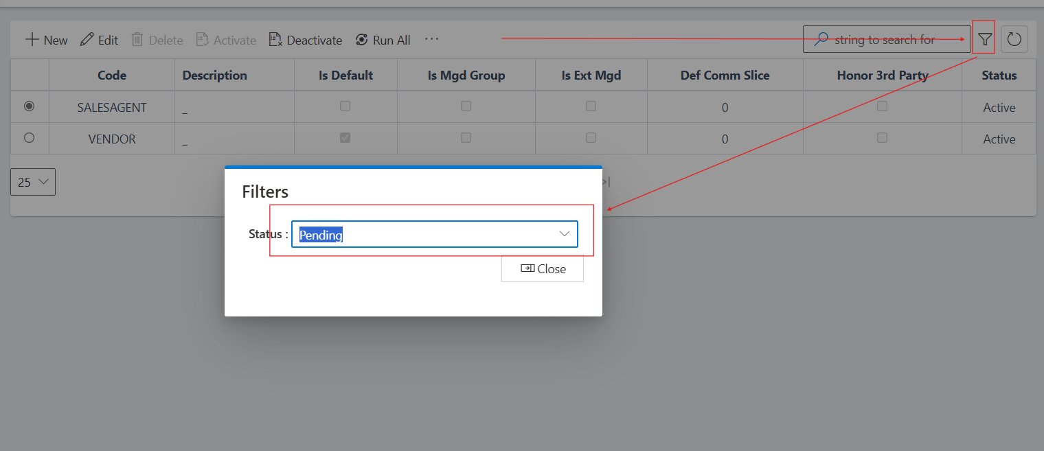 image showing vendor group list filtered for pending status