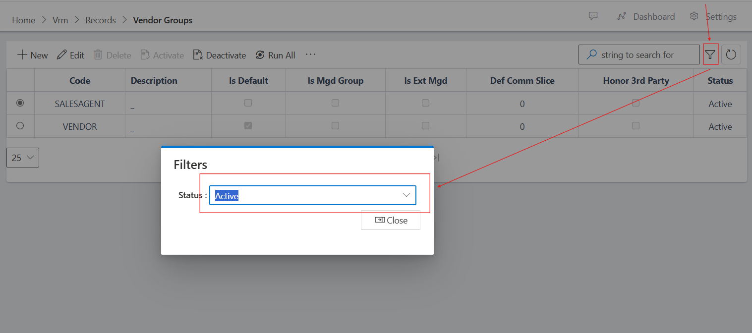image showing vendor group list filtered for all status