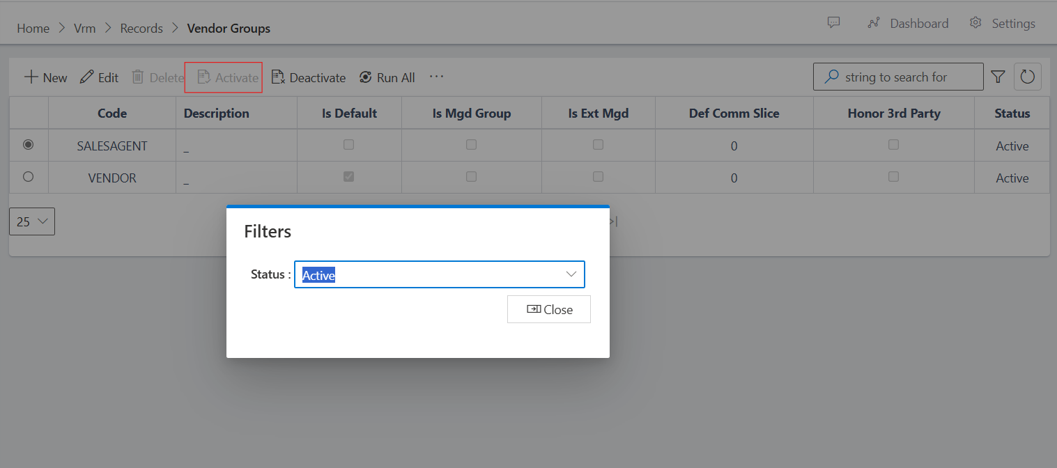 image showing activate button via vendor group list view