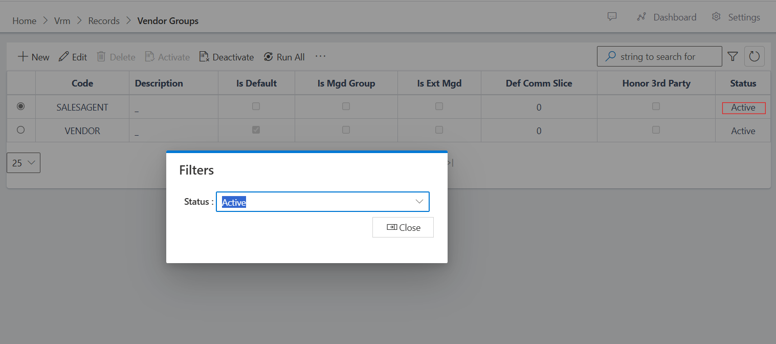 image showing activated vendor group